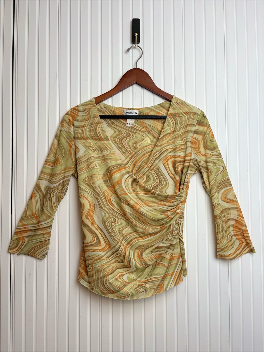 Y2K Womens Retro Mesh Multicolor Faux Wrap Top M 3/4 Sleeve 70s Disco Festival